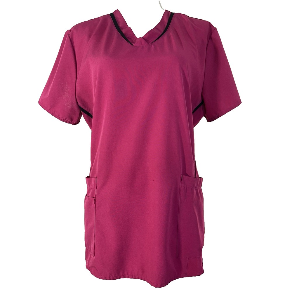 Scrub Medical Top Women's V-Neck Short Sleeve Cherry with Black Piping Sz L